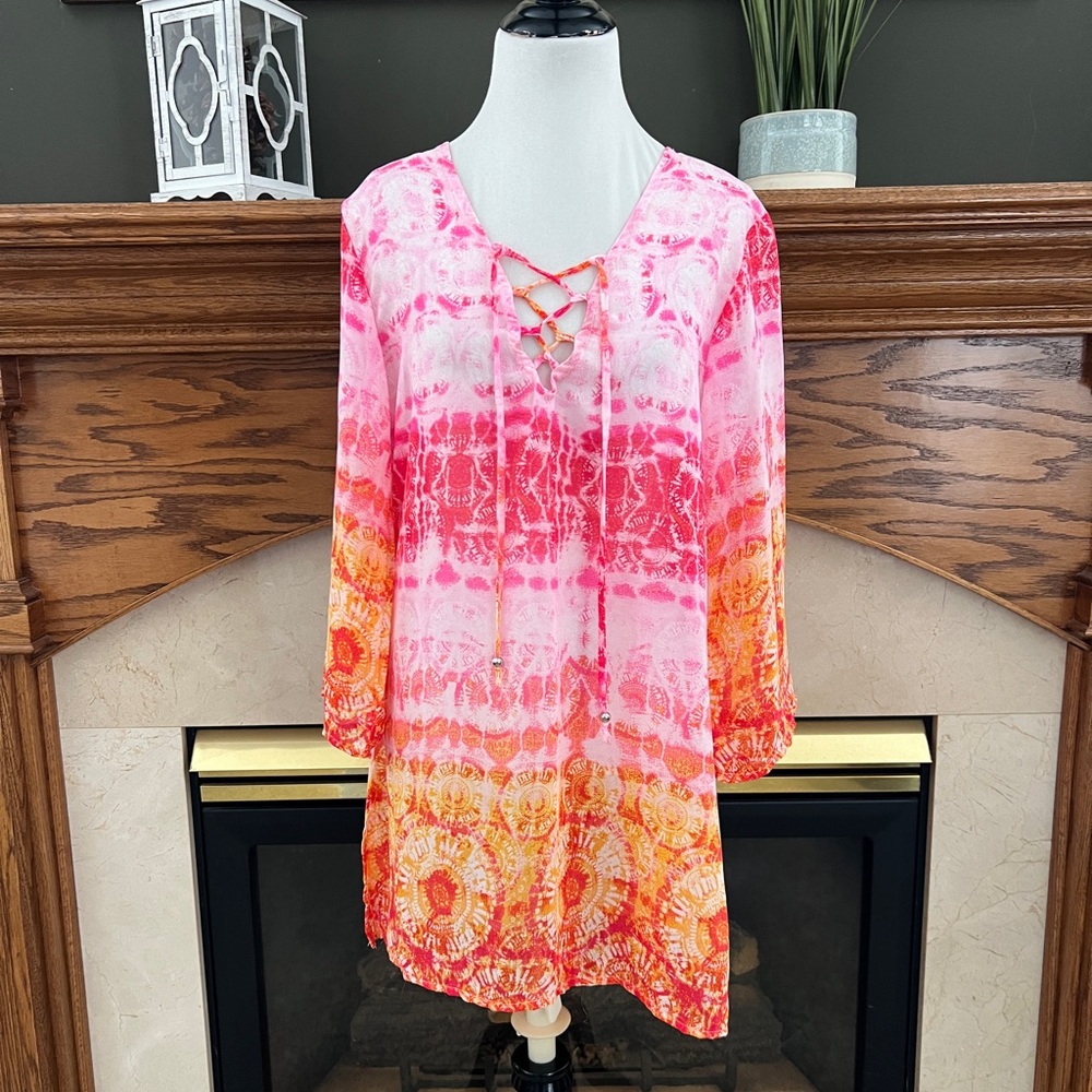 Portocruz Watercolor 3/4 Sleeve Lace Up Tunic Swim Cover Up‎ Size Small NWOT